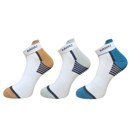 RAHAT cushioned white sports ankle socks pack of 3 with tan, grey and teal accents
