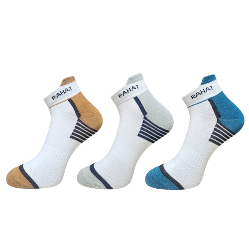 RAHAT cushioned white sports ankle socks pack of 3 with tan, grey and teal accents RAHAT cushioned white sports ankle socks pack of 3 with tan, grey and teal accents