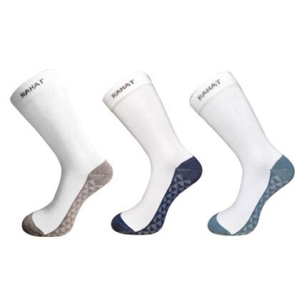 Rahat cushioned crew socks pack of 3 in white with brown, navy and teal reinforced heel and toe
